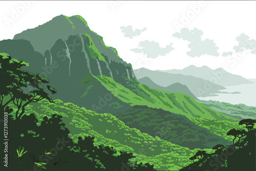  Lush green mountains, misty peaks, tropical forest, dense jungle canopy, isolated island, serene landscape, panoramic view, ethereal atmosphere, vibrant foliage, natural wonder, mysterious terrain,