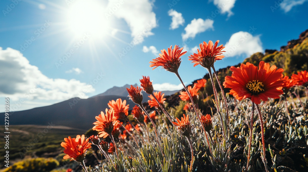 Vibrant orange flowers blooming in mountain landscape