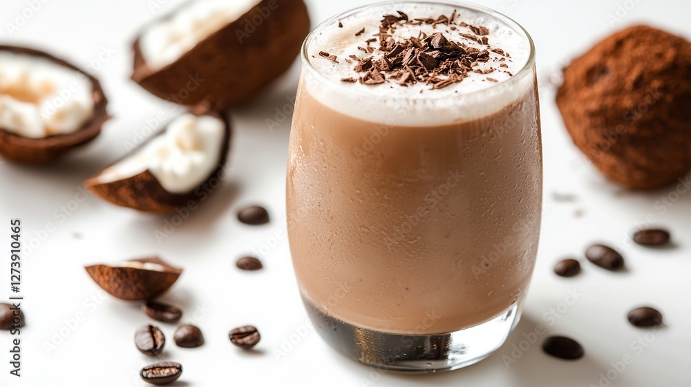 A glass of coffee adorned with chocolate topping and sprinkled nuts, presenting an enticing blend of flavors and textures. A glass of coffee adorned with chocolate topping and sprinkled nuts, presenting an enticing blend of flavors and textures.