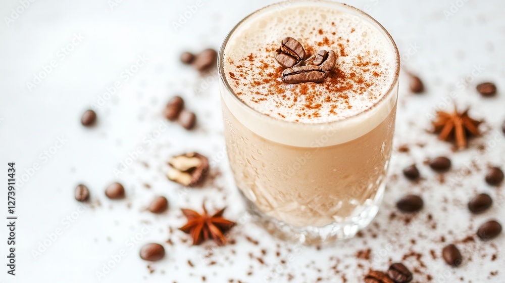 A glass of coffee topped with aromatic cinnamon and anise, creating a warm and inviting beverage experience. A glass of coffee topped with aromatic cinnamon and anise, creating a warm and inviting beverage experience.