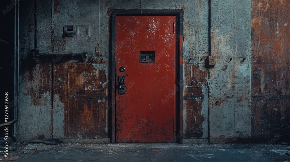A fire exit door with peeling red paint and corroded locks in a long-abandoned industrial building, captured in sharp 4K with moody shadows A fire exit door with peeling red paint and corroded locks in a long-abandoned industrial building, captured in sharp 4K with moody shadows