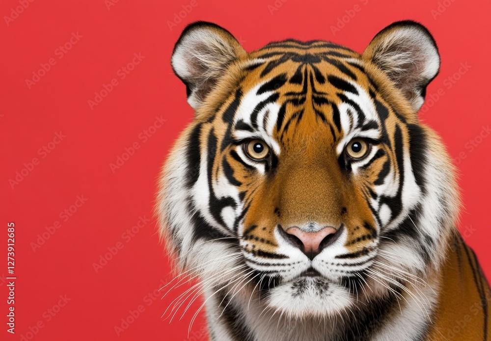 Fototapeta premium Close up portrait of a large feline against a solid red background. The feline's expression is intense, its fur is detailed, and its whiskers are