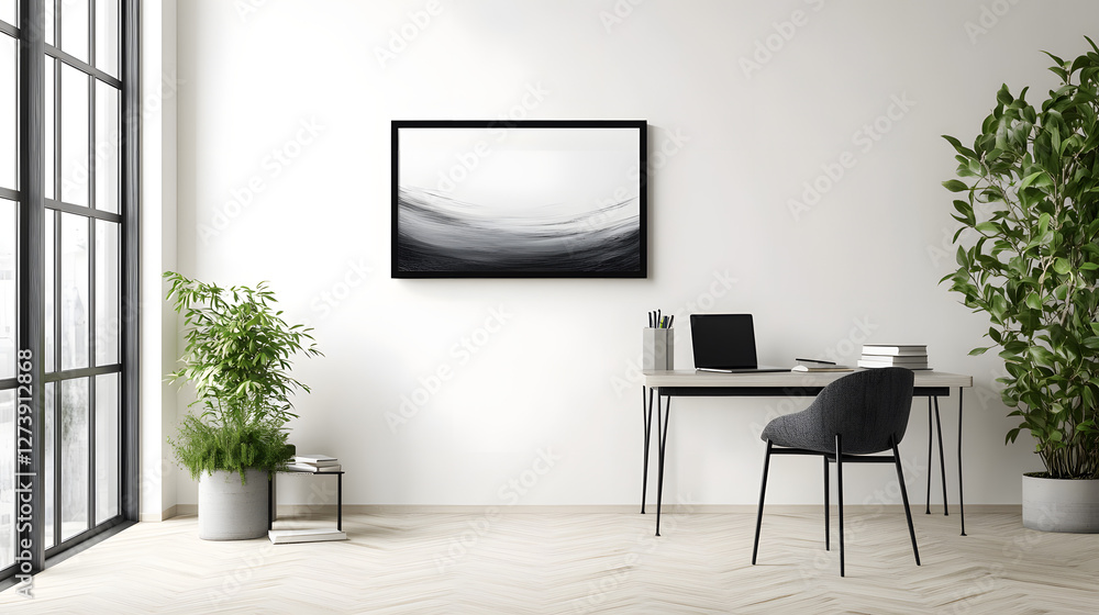 A blank black picture frame is hanging on the wall of an office with a modern desk, laptop, and chair
A blank black picture frame is hanging on the wall of an office with a modern desk, laptop, and chair