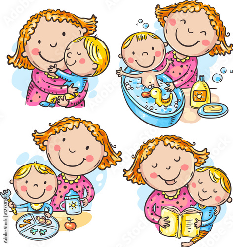 Different activities of mother and baby, cartoon family, mom and toddler, colorful vector illustration set