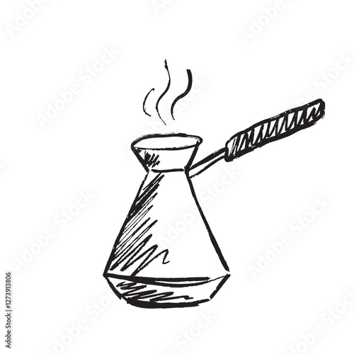 Hot coffee pot with steam. Concept of fresh coffee making process. black drawing in black brush stroke texture isolated on white. Hand drawn vector sketch illustration in vintage charcoal ink