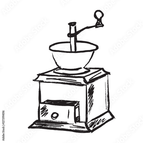 Retro wooden coffee beans grinder in black brush stroke texture isolated on white background. Hand drawn vector sketch illustration in vintage charcoal ink. Coffee making design, fresh aroma