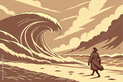  Cinematic landscape, lone figure walking on beach, massive parting waves, Moses and the Red Sea, stormy skies, dramatic lighting, golden sunset, surreal ocean, epic scale, digital art, photorealist