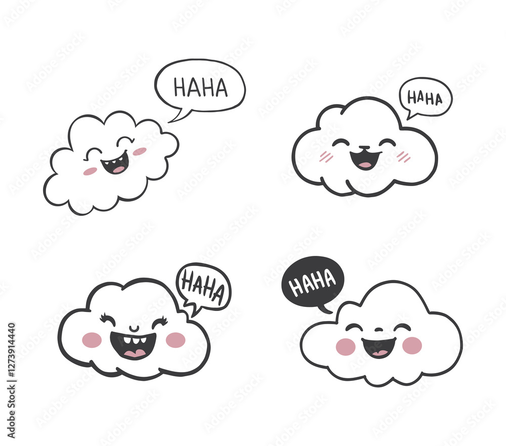 Cute Cartoon Clouds with Happy Expressions and 'HAHA' Speech Bubbles - Kawaii Style Line Art Cute Cartoon Clouds with Happy Expressions and 'HAHA' Speech Bubbles - Kawaii Style Line Art