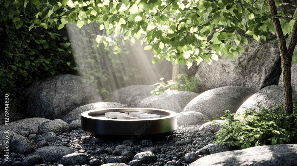Serene forest scene with a black circular container Serene forest scene with a black circular container