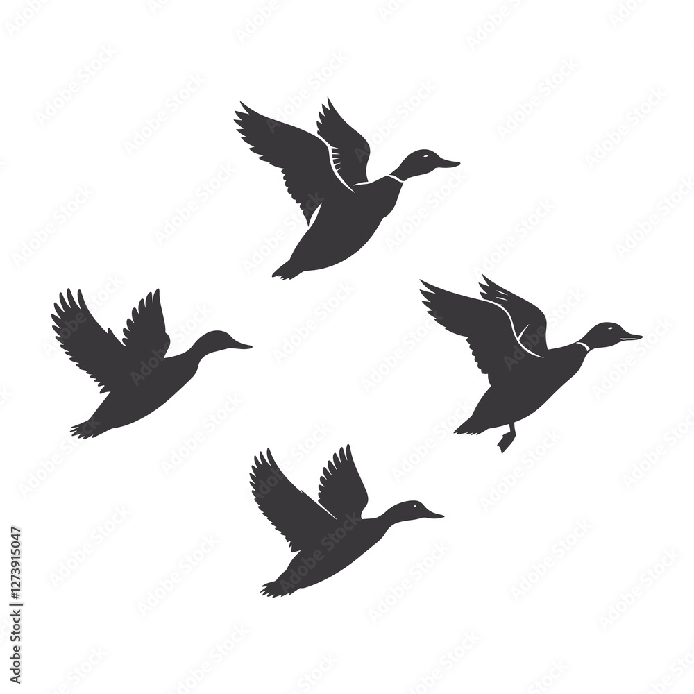 Obraz premium Silhouette of Flying Ducks - Black & White Minimalist Design with Geometric Shapes and Dynamic Poses