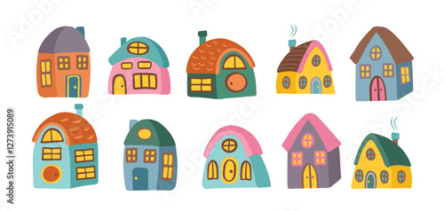 Set of cute colorful hand drawn houses isolated on white. Vector flat cliparts.