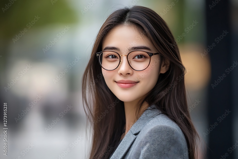 Smart Elegance: Captivating portrait of a young woman with glasses, her eyes reflecting intelligence, exuding grace and sophistication, against a soft-focus background. Smart Elegance: Captivating portrait of a young woman with glasses, her eyes reflecting intelligence, exuding grace and sophistication, against a soft-focus background.