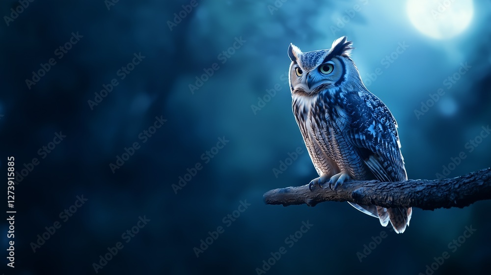 Majestic owl perched on an old branch under the moonlight, embodying wisdom and mystery in a tranquil night setting Majestic owl perched on an old branch under the moonlight, embodying wisdom and mystery in a tranquil night setting