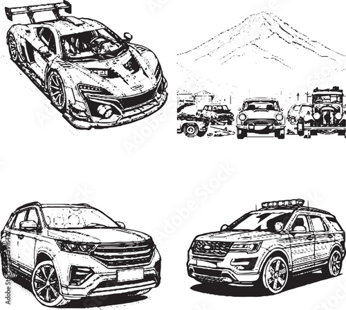 Diverse Vehicle Illustrations - Black and White Cartoon-Style Cars and Mountain"