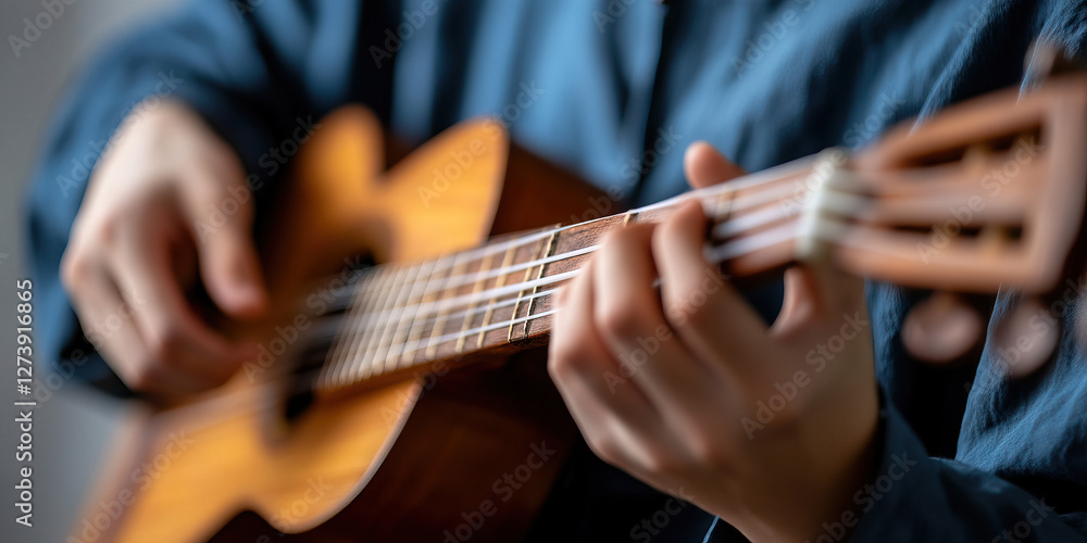 Fototapeta premium Person Playing a Ukulele: Close-up of Hands and Instrument