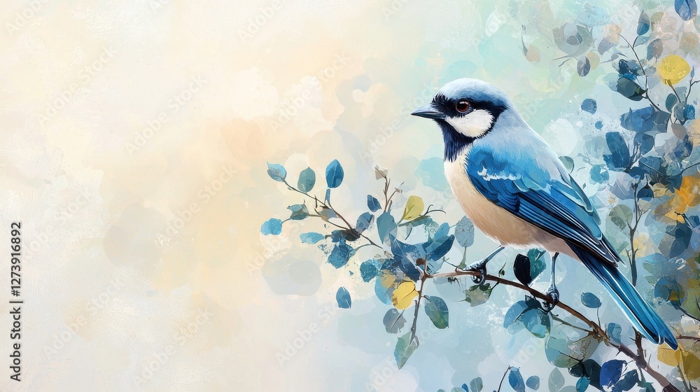 Fototapeta premium Bluebird Perched on a Branch with Soft Colorful Background