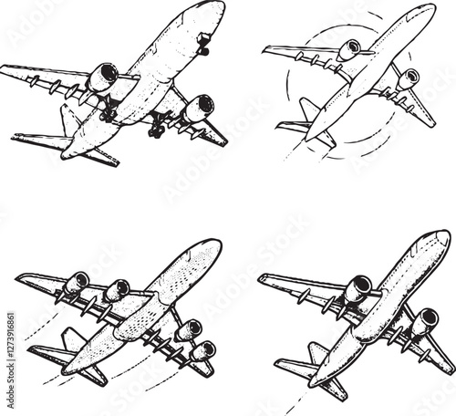 Charming Airplane Illustrations - Black and White Cartoon-Style Aircraft in Various Maneuvers"
