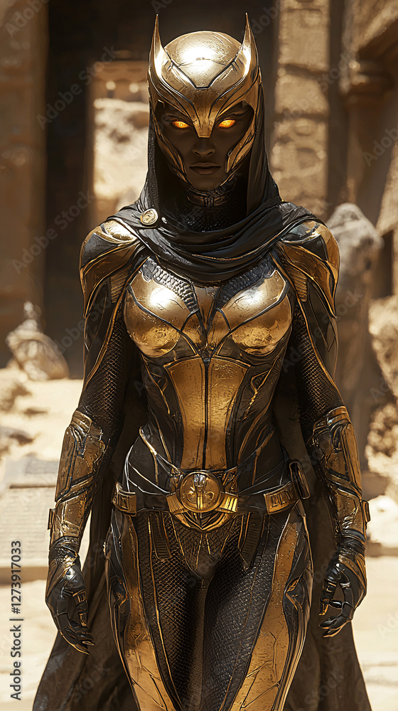 a person dressed in an elaborate, golden armor with a matching cape, standing in a desert-like environment with ancient carvings in the background. The armor features intricate designs and glowing eye a person dressed in an elaborate, golden armor with a matching cape, standing in a desert-like environment with ancient carvings in the background. The armor features intricate designs and glowing eye