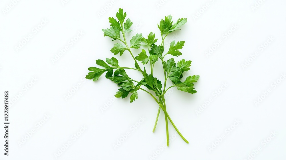 A vibrant bunch of fresh parsley displayed on a clean white surface, showcasing its rich green color and delicate leaves. A vibrant bunch of fresh parsley displayed on a clean white surface, showcasing its rich green color and delicate leaves.