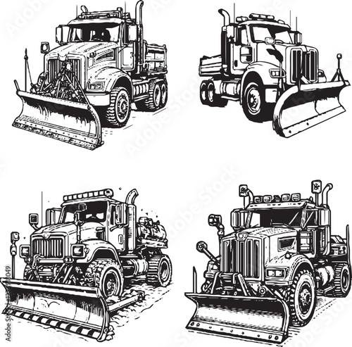 "Charming Snow Plow Truck Illustrations - Black and White Cartoon-Style Snow Plows in Various Angles"