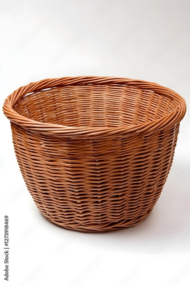 Fototapeta premium Woven Basket Brown Rattan Container Empty Receptacle Isolated Against White Backdrop Studio Shot