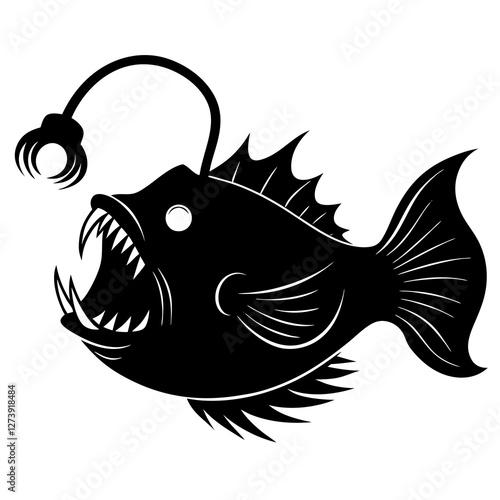 Angler fish with glowing lure silhouette vector illustration