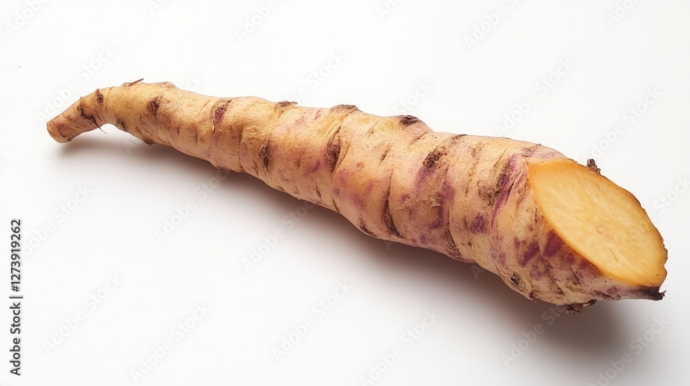 A large tube containing root, prominently displayed with a slice removed, showcasing its interior and texture in detail. A large tube containing root, prominently displayed with a slice removed, showcasing its interior and texture in detail.