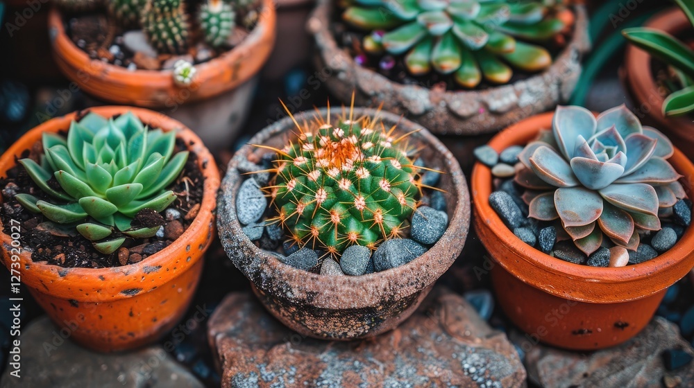 Vibrant Collection of Cacti and Succulents in Terra Cotta Pots on Garden Stones Vibrant Collection of Cacti and Succulents in Terra Cotta Pots on Garden Stones