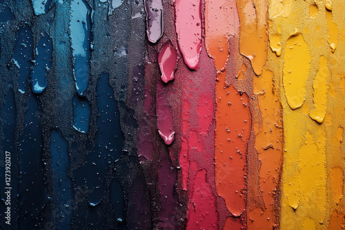 An abstract composition of multi-colored vertical stripes with a water drop texture.  