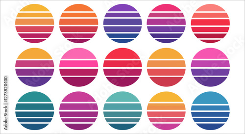 Colorful sunset gradient round striped vector elements. Vintage sunset gradient round striped icons vector. Tropical sunset gradient round striped icon vector. Vintage 80s retro sunset striped 