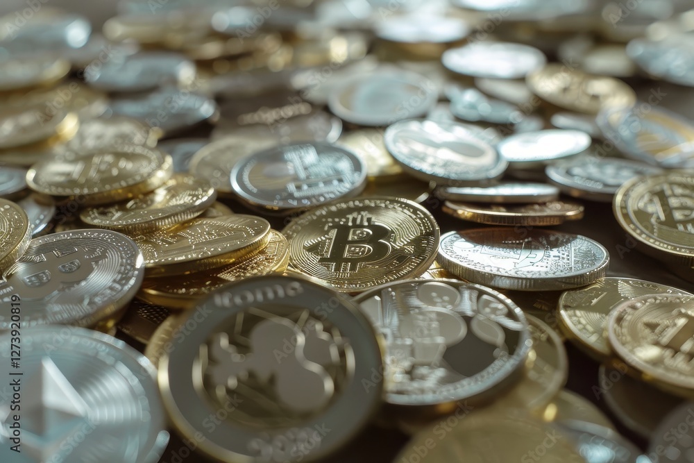Multiple cryptocurrency coins scattered across sandy beach shore. Multiple cryptocurrency coins scattered across sandy beach shore.