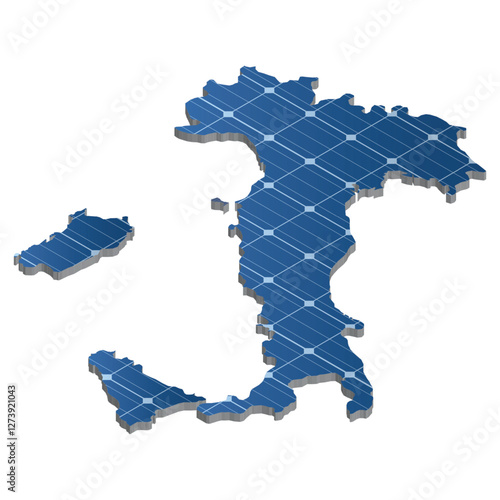 Map of Italy and Sardinia filled with a solar panel pattern, symbolizing the country's potential for renewable energy and solar power utilization.