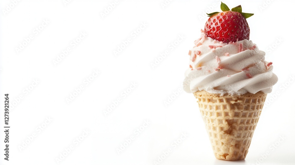 A strawberry rests atop a waffle cone, adorned with fluffy whipped cream, creating a delightful and tempting dessert presentation. A strawberry rests atop a waffle cone, adorned with fluffy whipped cream, creating a delightful and tempting dessert presentation.