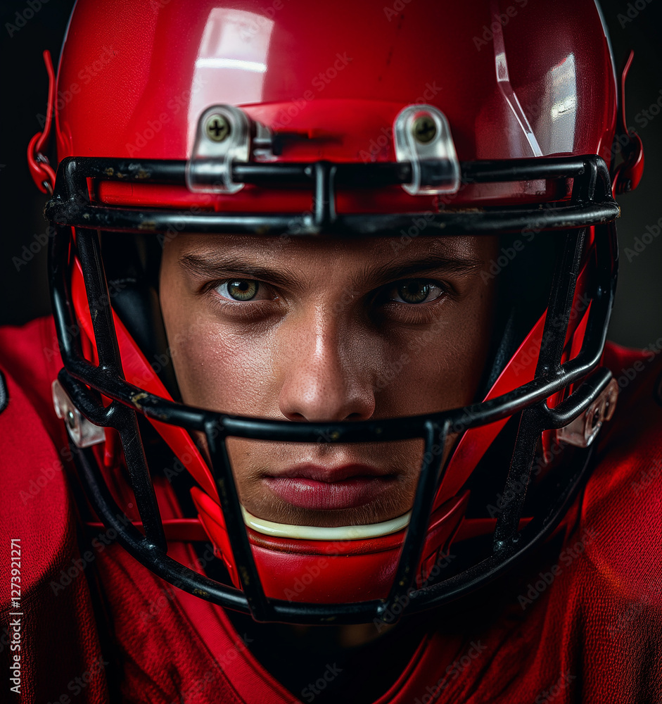 Portrait of a confident American football player in red jersey and helmet Portrait of a confident American football player in red jersey and helmet