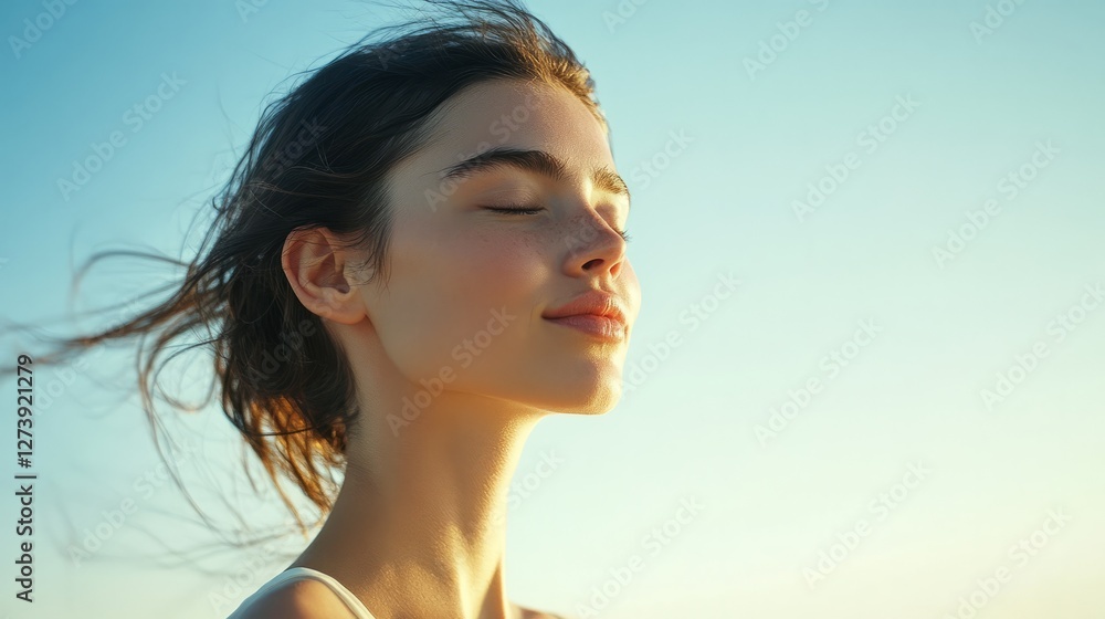 Portrait of a serene young woman with closed eyes, enjoying the sunset at sea, feeling the peace and tranquility of the moment Portrait of a serene young woman with closed eyes, enjoying the sunset at sea, feeling the peace and tranquility of the moment