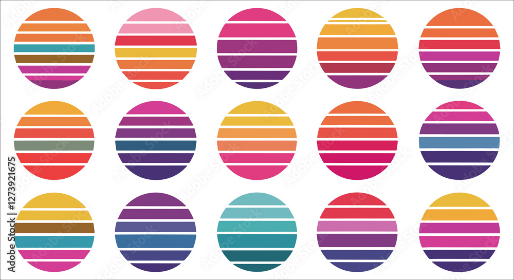Abstract retro sunset gradient circle stripes vector. Abstract Vintage retro badges set. Colorful abstract circular sunset striped vector design. Retro colorful sunset circular vector design elements
