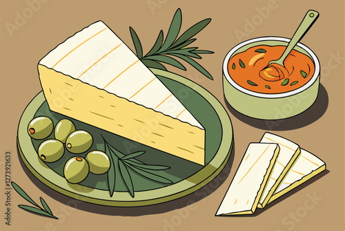  Cheese platter, large triangular cheese wedge, sliced cheese, green olives, bowl of orange dip, green plate, photorealistic, food photography, detailed textures, appetizing, gourmet presentation, w