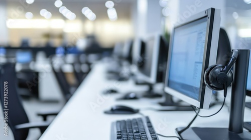 Modern office workspace with computers and headsets.