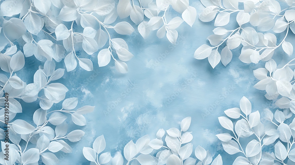 White leaves on blue background, copy text, template White leaves on blue background, copy text, template