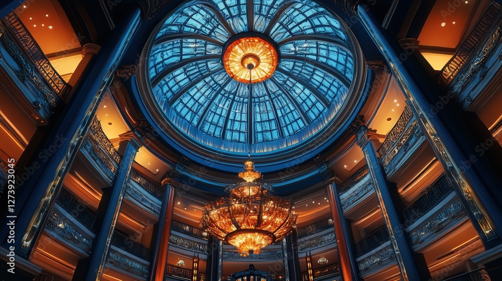Fototapeta premium an interior space with a high dome, decorated with intricate designs, and a sparkling chandelier at its center, radiating light across the lavish room.