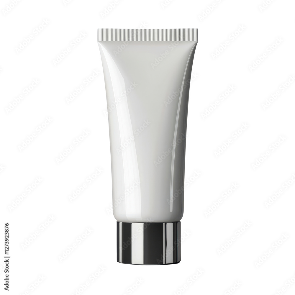 White cosmetic tube with metallic cap on a transparent background for skincare, beauty, and personal care product presentations and marketing initiatives White cosmetic tube with metallic cap on a transparent background for skincare, beauty, and personal care product presentations and marketing initiatives