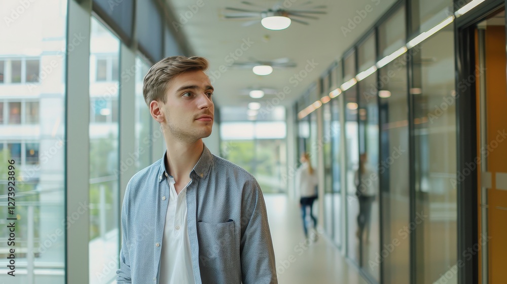 Obraz premium Thoughtful young professional navigating a modern office hallway
