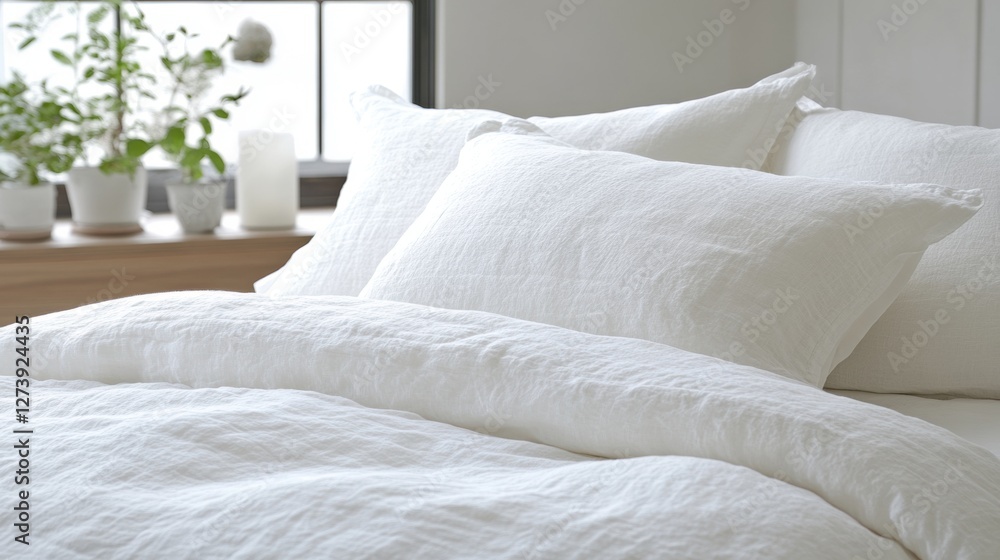 Close Up of Fluffy White Bedding with Pillows and Comforter near Window with Potted Plants Close Up of Fluffy White Bedding with Pillows and Comforter near Window with Potted Plants