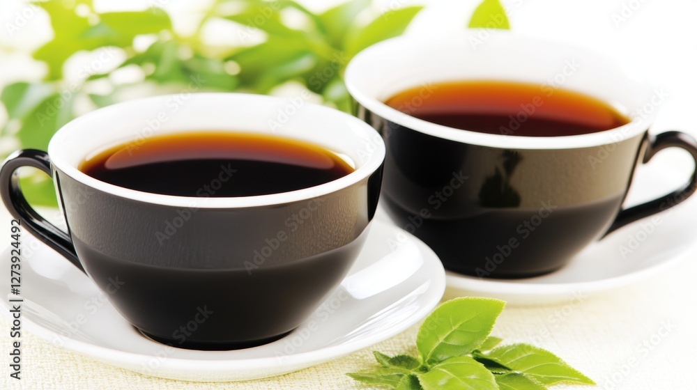 Two Black Tea Cups on Saucers with Green Leaves in Bright Natural Lighting Two Black Tea Cups on Saucers with Green Leaves in Bright Natural Lighting