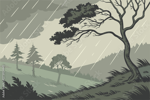  Stormy landscape, wind-swept trees, dark ominous sky, heavy rain, moody atmosphere, bent trees, gale force winds, dramatic weather, misty forest, nature's fury, atmospheric scene, green foliage, tu