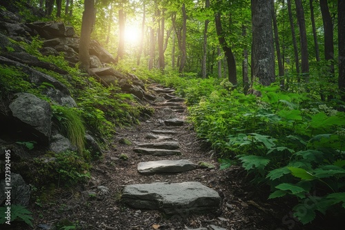 Fototapeta Naklejka Na Ścianę i Meble -  A clear pathway with rocks forming over it in the middle of a luscious green wild forest on a bright sunny day, professional nature photography