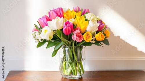 Wallpaper Mural Bright and colorful bouquet of tulips and flowers in a clear vase on a wooden table during daylight Torontodigital.ca