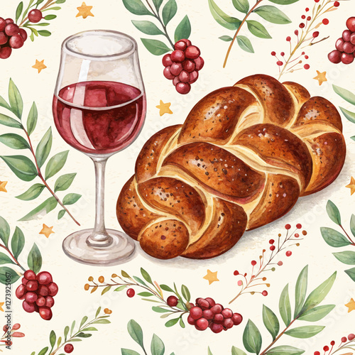 Seamless challah bread and wine background, warm browns and rich reds swirling together, hinting at the traditional blessings and celebrations, comforting and festive with copy space words + concept