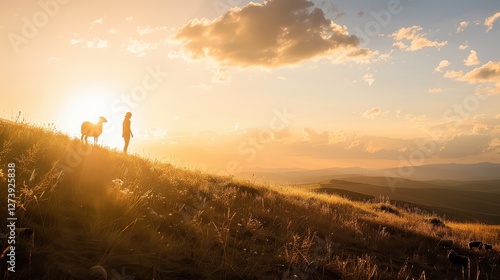 Person and sheep silhouettes on hilltop at sunset.