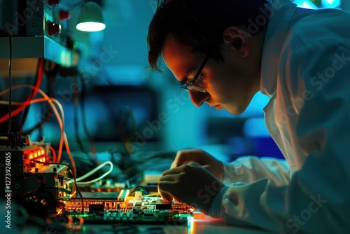Lab coat wearer testing and developing electronic components under bright artificial lighting